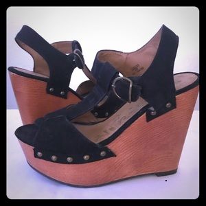 Brash Black Suede Wooden Platform Wedge. 8.5.
